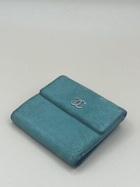 Chanel Camellia Embossed Compact Bifold Wallet Teal Blue Lambskin Silver CC